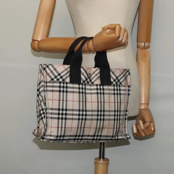 BURBERRY Nova Check Blue Label Hand Bag Nylon Beige Silver Auth - Picture 1 of 15